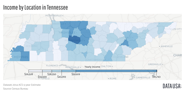 A geomap showing the counties of Tennessee colored by the relative range of that county's median income.