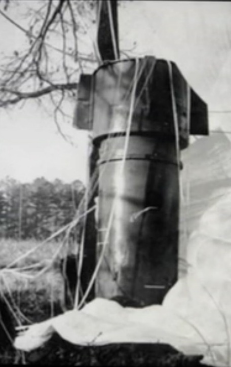 One of the two MK 39 nuclear bombs involved in the 1961 Goldsboro crash after soft landing with parachute deployed.  The weapon was recovered intact after three of the four stages of the arming sequence were completed.
