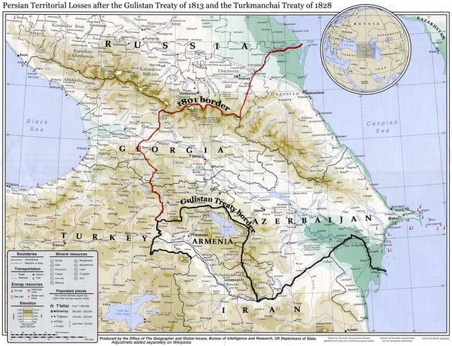 A map showing the 19th-century northwestern borders of Iran, comprising modern-day eastern Georgia, Dagestan, Armenia, and the Republic of Azerbaijan, before being ceded to the neighboring Russian Empire by the Russo-Iranian wars.
