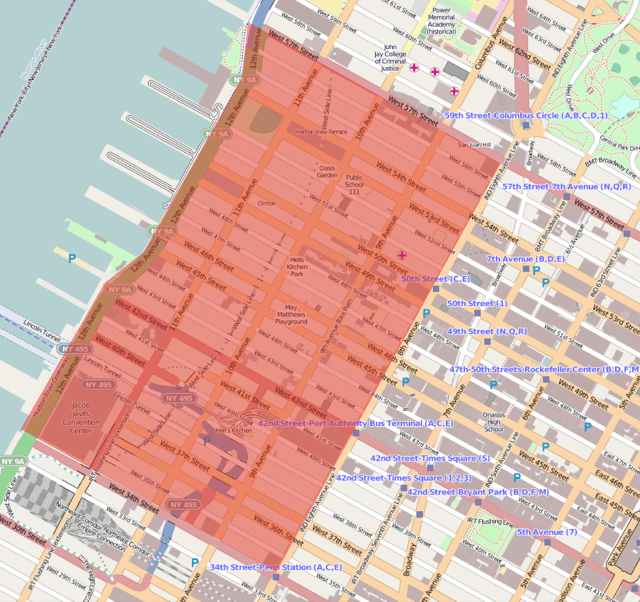 Location map of Hell's Kitchen in Manhattan