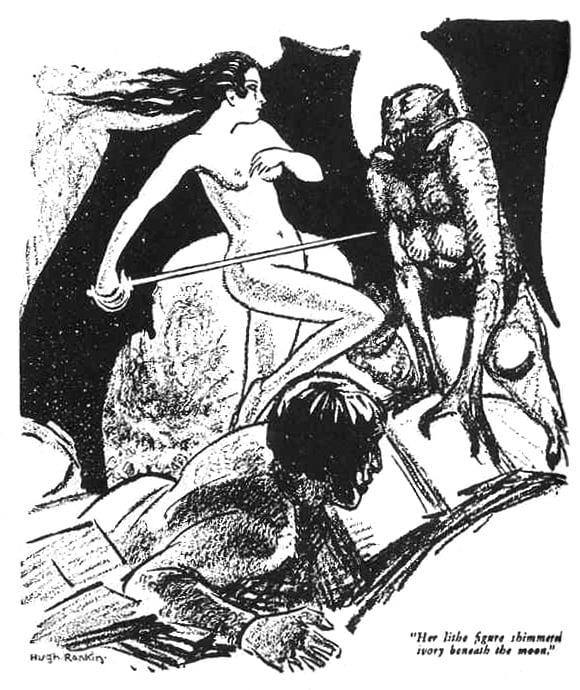 The death and supernatural return of Bêlit in "Queen of the Black Coast" (as illustrated by Hugh Rankin in Weird Tales) is mirrored by the fate of Valeria in the film.