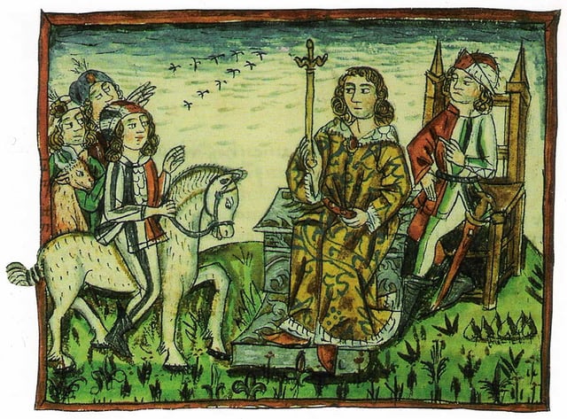 A depiction of an ancient democratic ritual of Slovene-speaking tribes, which took place on the Prince's Stone in the Slovene language until 1414.
