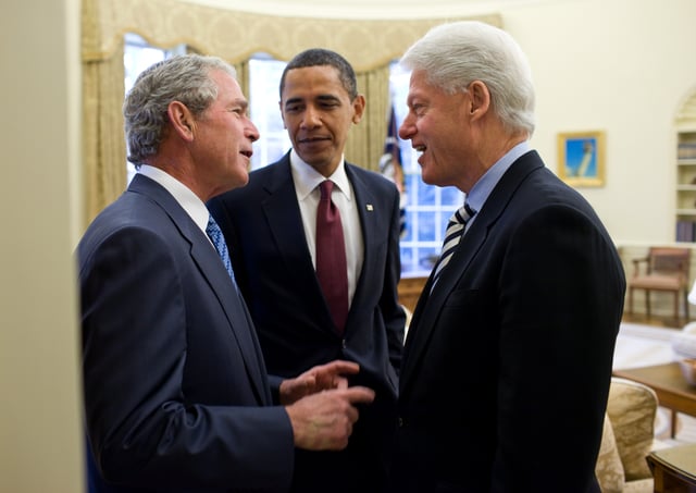 George W. Bush, then-President Obama, and Bill Clinton meeting in the Oval Office, January 16, 2010