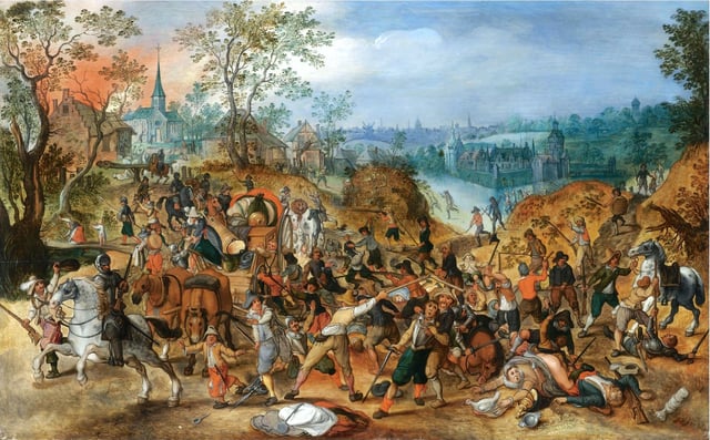 A landscape with travelers ambushed outside a small town, painted by Vrancx