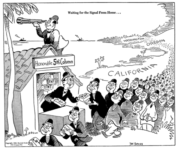 Dr. Seuss 1942 cartoon with the caption 'Waiting for the Signal from Home'