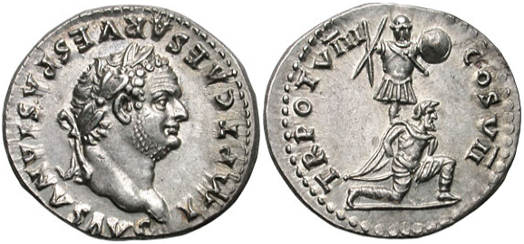 Roman denarius depicting Titus, circa 79. The reverse commemorates his triumph in the Judaean wars, representing a Jewish captive kneeling in front of a trophy of arms.