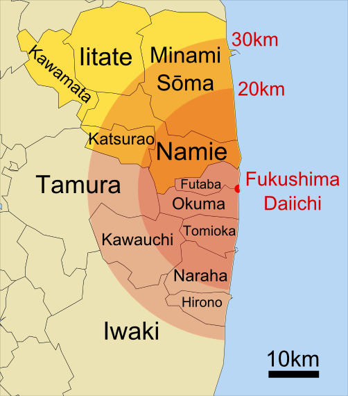 Japan towns, villages, and cities in and around the Daiichi nuclear plant exclusion zone. The 20 and 30 km (12 and 19 mi) areas had evacuation and shelter in place orders, and additional administrative districts that had an evacuation order are highlighted. However, the above map's factual accuracy is called into question as only the southern portion of Kawamata district had evacuation orders. More accurate maps are available.