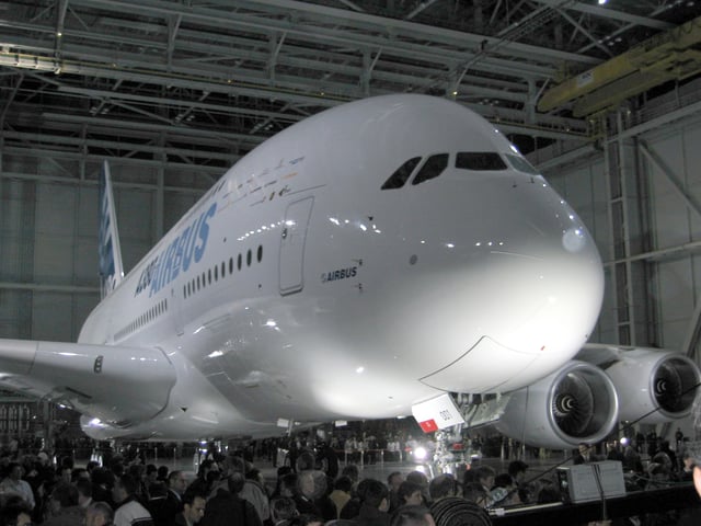 The first completed A380 at the "A380 Reveal" event in Toulouse, France, 18 January 2005