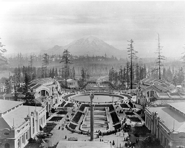 Alaska-Yukon-Pacific Exposition on the UW campus toward Mount Rainier in 1909