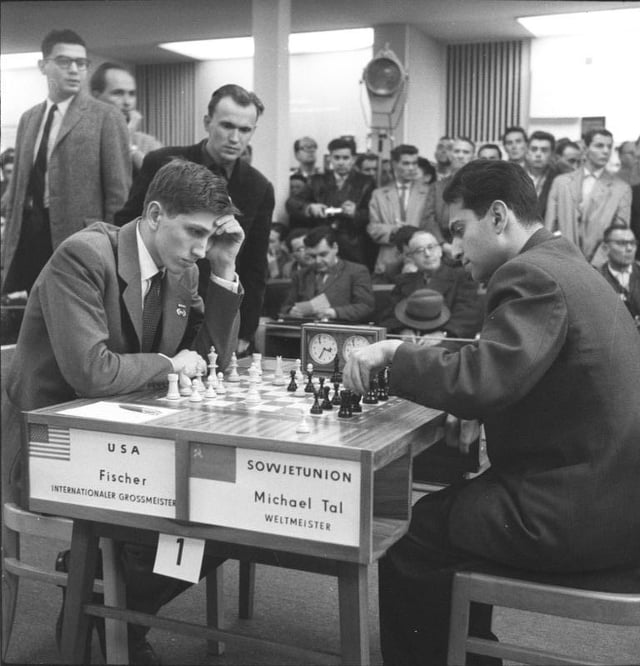 Fischer at 17 playing 23-year-old World Champion Mikhail Tal in Leipzig, East Germany