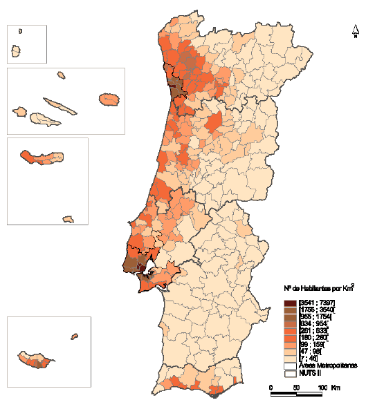 A map of Portugal showing the population density (number of inhabitants / km2) by municipality