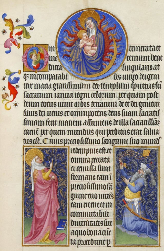 The Virgin Mary and Child, the prophetess Sibyl Tivoli bottom left and the Emperor Augustus in the bottom right, from the Très Riches Heures du duc de Berry. The likeness of Augustus is that of the Byzantine emperor Manuel II Palaiologos