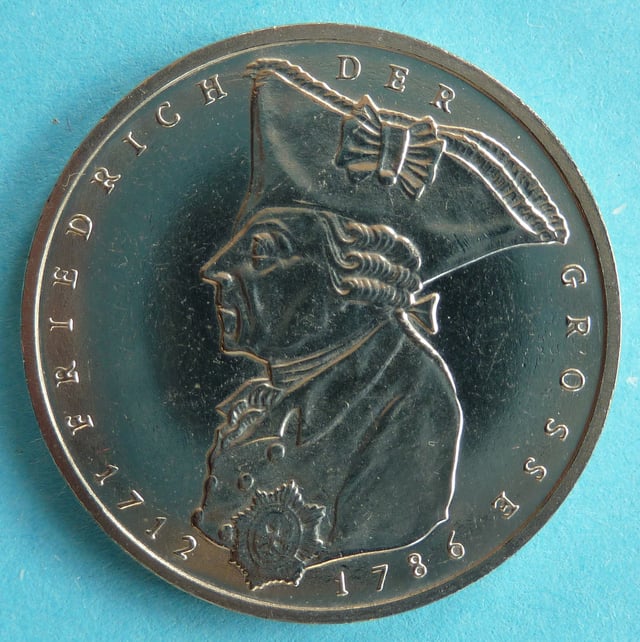 Commemorative 5-DM coin designed by Carl Vezerfi-Clemm and issued by the Federal Republic of Germany on the 200th anniversary of Frederick the Great's death (1986)