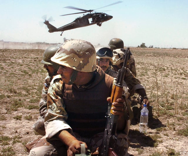 An Iraqi Army unit prepares to board a Task Force Baghdad UH-60 Blackhawk helicopter for a counterinsurgency mission in Baghdad in 2007.