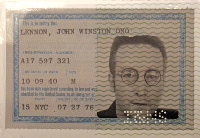 A 1976 card issued by the INS to John Lennon, stating the following: "This is to certify that [Lennon] has been duly registered according to the law and was admitted to the United States as an immigrant."