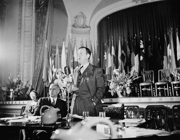 Lester Bowles Pearson presiding at a plenary session of the founding conference of the United Nations Food and Agriculture Organization. October 1945