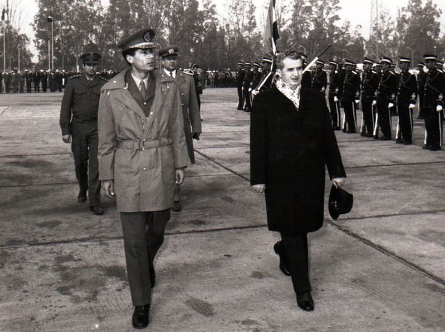 Gaddafi with Romanian communist leader Nicolae Ceausescu in Bucharest, Romania 1974