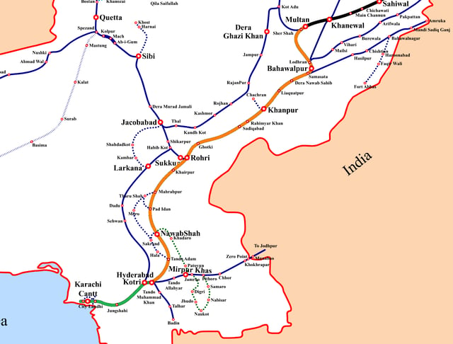 Phase 2 of the ML-1 overhaul between Multan and Hyderabad is marked in orange. Phase 3 of the project is indicated by the green line between Hyderabad and Karachi.