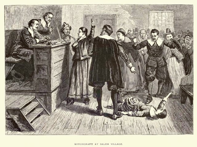 A depiction of a 17th-century criminal trial, for witchcraft in Salem