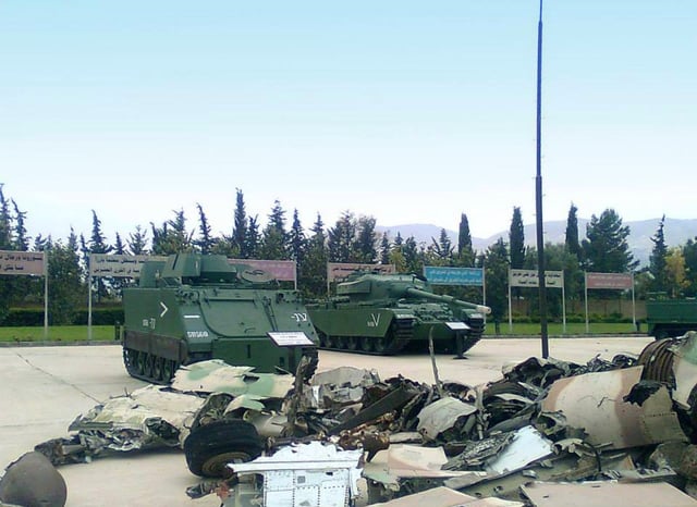 Remains of jets downed by Syrian air defense systems and captured Israeli tanks from the Yom Kippur War in the October War Panorama, Damascus