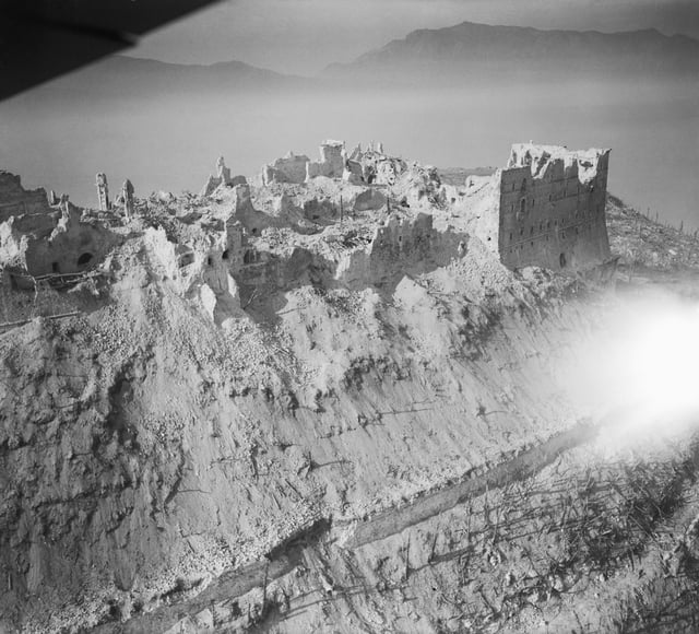Ruins of the Benedictine monastery, during the Battle of Monte Cassino, Italian Campaign, May 1944