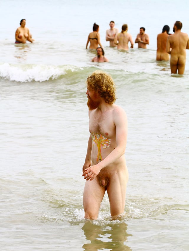 Nude swimmers at a beach in Brighton, United Kingdom
