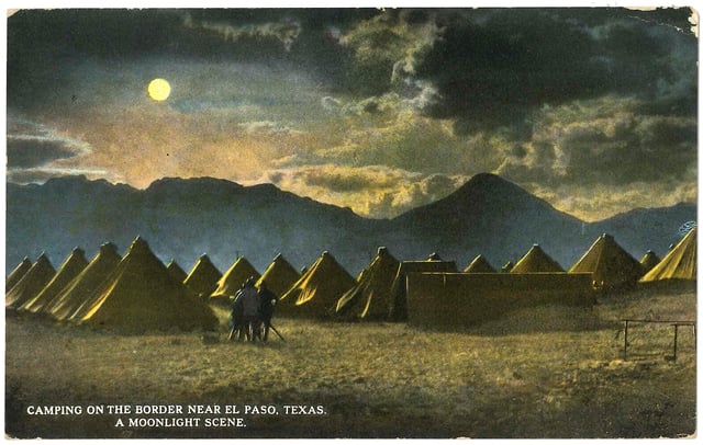 General Pershing's punitive expedition camp near the border, El Paso, Texas (postcard, circa 1916): Franklin Mountains, left-to-right (i.e., south-to-north) are: Ranger Peak, Sugarloaf Mountain, and part of South Franklin Mountain