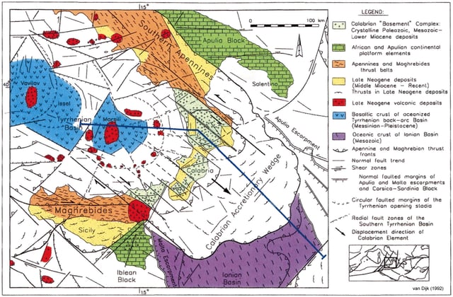 Geotectonic map of the Central Mediterranean Area and the Calabrian Arc. The blue trace indicates the position of the geotectonic cross section depicted below. From van Dijk (1992)
