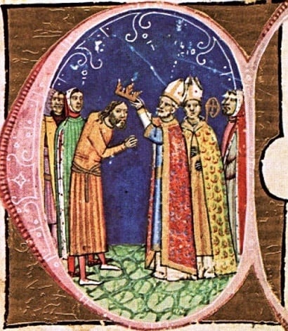 Coloman—who is depicted as a hunchback in accordance with the tradition preserved in late medieval chronicles—is crowned king (from the Illuminated Chronicle).