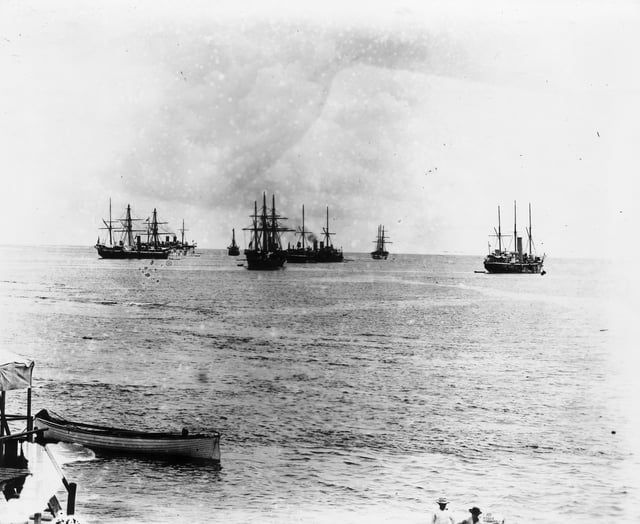 German, British and American warships in Apia Harbor, Samoa, 1899