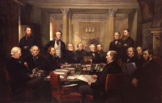 Gladstone's Cabinet of 1868, painted by Lowes Cato Dickinson. Use a cursor to see who is who.