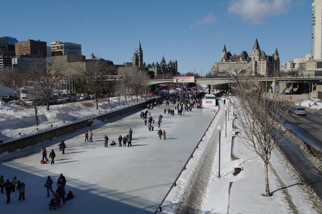 Skating on the Rideau Canal. Snow and ice is common for the region during the winter.