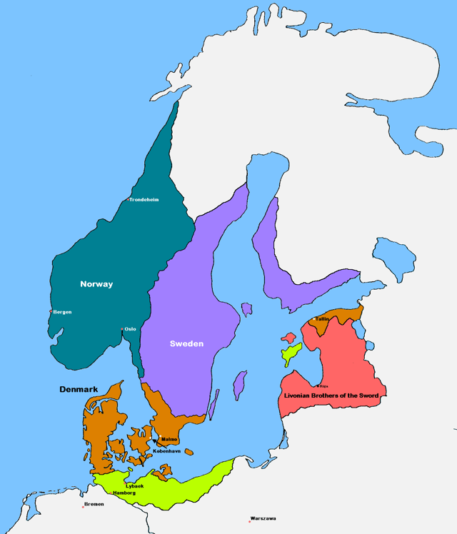 Northern countries during the 13th and early 14th centuries    Norway   Sweden 1330s–1350s   Denmark   Conquered by Denmark in 1219   Livonia before 1343