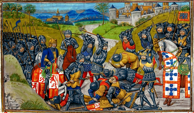 John I of Portugal's victory at the Battle of Aljubarrota secured the House of Aviz's claim to the throne. Painting of 1480.