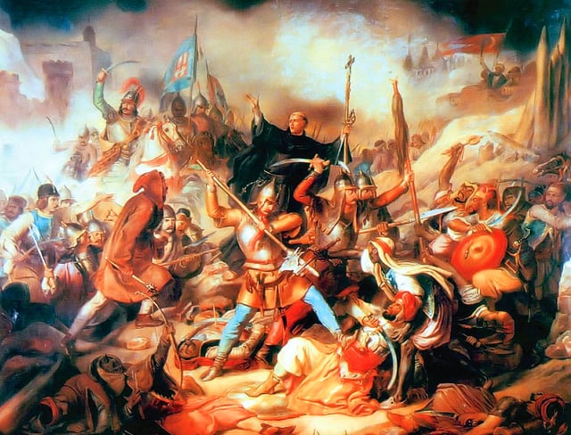 Battle of Nándorfehérvár, Hungarian painting from the 19th century. In the middle Kapisztrán János with the cross in his hand.