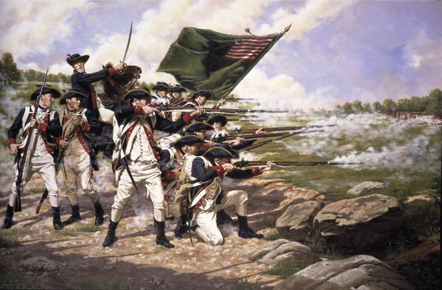 American soldiers in combat at the Battle of Long Island, 1776