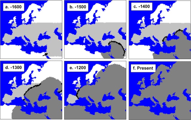 mtDNA-based simulation of modern human expansion in Europe starting 1,600 generations ago. Neanderthal range in light grey