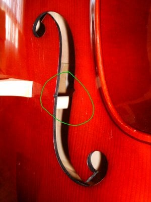 This photo shows the thick soundpost on a double bass (circled in green).