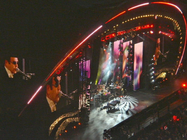 Elton John on piano at the Concert for Diana, commemorating the 10 year passing of Princess Diana, at Wembley Stadium on 1 July 2007