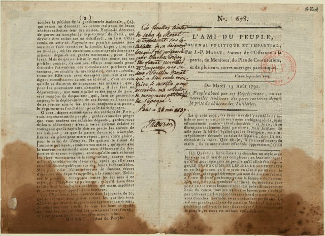 A copy of L'Ami du peuple stained with the blood of Marat