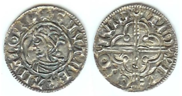 Cnut's 'Quatrefoil' type penny with the legend "CNUT REX ANGLORU[M]" (Cnut, King of the English), struck in London by the moneyer Edwin.