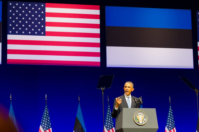 US President Barack Obama giving a speech at the Nordea Concert Hall in Tallinn