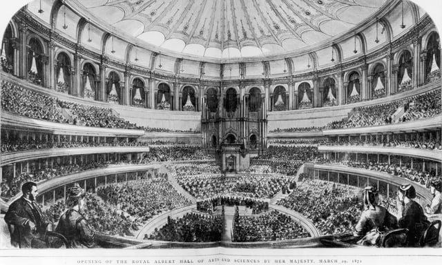 The first performance at the Hall. The decorated canvas awning is seen beneath the dome.