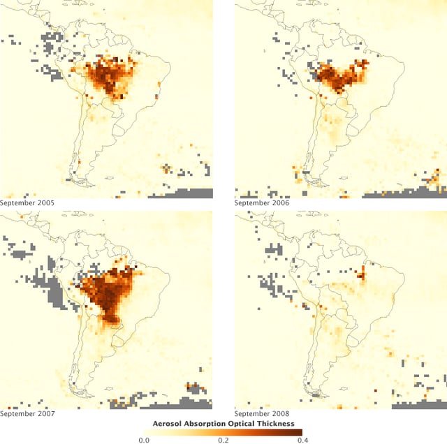 Aerosols over the Amazon each September for four burning seasons (2005 through 2008) during the Amazon basin drought. The aerosol scale (yellow to dark reddish-brown) indicates the relative amount of particles that absorb sunlight.