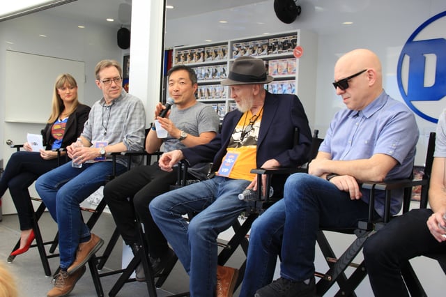 IGN's Laura Prudom (far left) hosts a panel at 2018's South by Southwest convention discussing Superman's eightieth anniversary and the release of Action Comics #1000, with (left to right): Dan Jurgens, Jim Lee, Frank Miller, and Brian Michael Bendis.