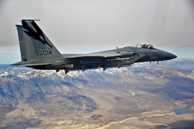 A USAF F-15C flying over Fresno, California, in 2013