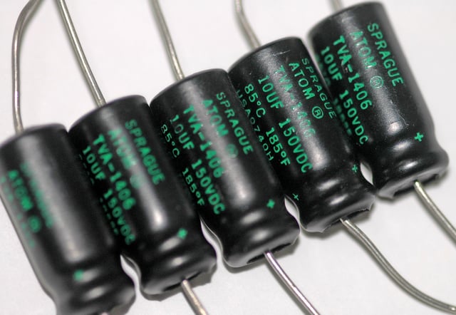 Several axial-lead electrolytic capacitors