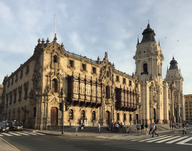 Main façade of the Cathedral of Lima and the Archbishop's palace.
