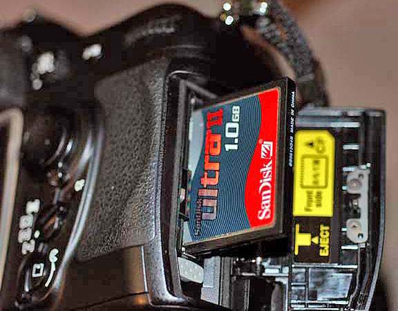 A CompactFlash (CF) card, one of many media types used to store digital photographs