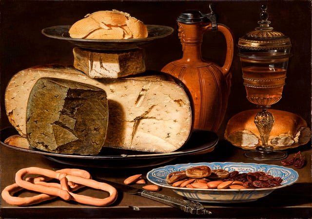 Cheeses in art: Still Life with Cheeses, Almonds and Pretzels, Clara Peeters, c. 1615
